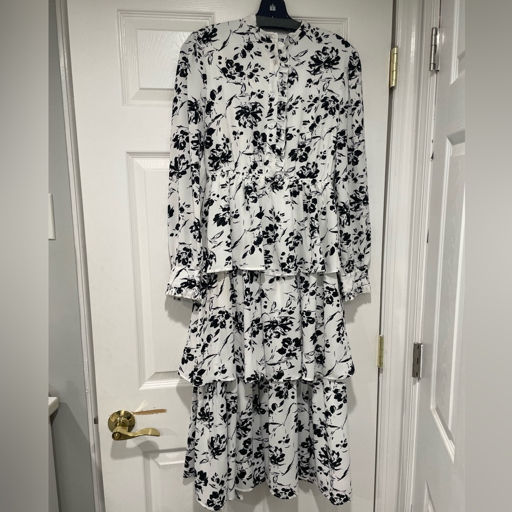 Floral Black and White Tiered Maxi Dress